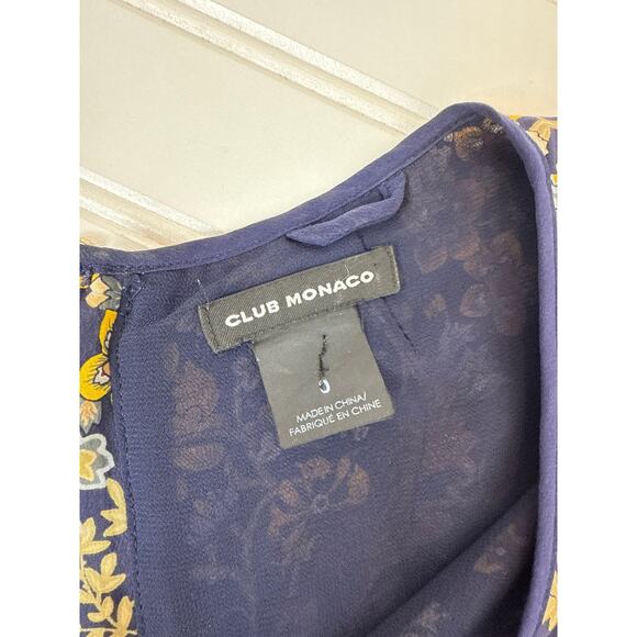Club Monaco Silk Bird & Floral Print Mini Dress Blue & Tan Summer Womens Size 0 - Picture 5 of 7